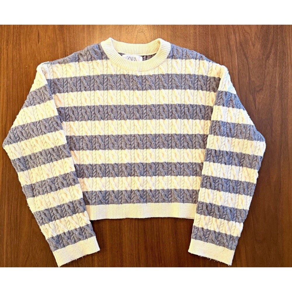 ZARA Girls Striped Knit Pullover Sweater Long Sleeve Crew Neck Gray/Ivory 12-14